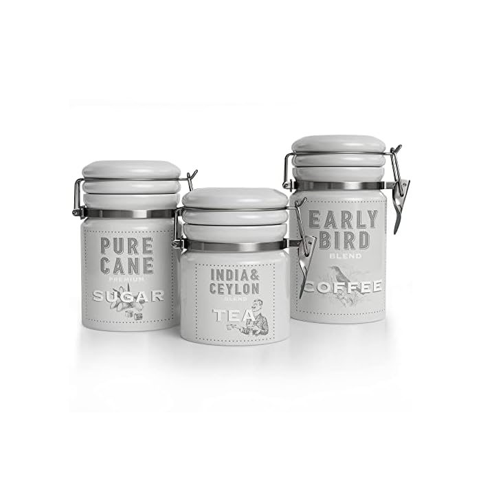 Barnyard Designs Kitchen Canister Set, Ceramic Canisters with Lid, Decorative Coffee, Sugar, Tea, Storage Containers for Kitchen Counter, Rustic Farmhouse Decor, Grey, Set of 3