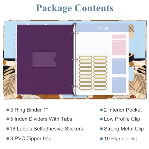 Image of 3 Ring Binder, 1 Inches Round Ring Binder with Clipboard, Dividers Tabs, PVC Zipper Bag Sleeves & to Do List Planners for Women, Men, School, Office Supplies, Modern Leaves