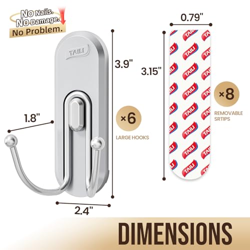 Image of TAILI Adhesive Double Hooks for Hanging, 6 Coat Hooks & 8 Strips, Silver | Hold Up to 3.3 LBS, Heavy Duty No-Drill Removable Large Wall Hanger for Towel, Backpack, Hat, Door,Kitchen Home Decor,