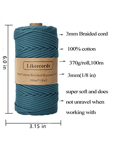 Braided Cotton Cord 3Mm×109 Yards Natural Macrame Cotton Cord Bohemia Macrame Rope For Handmade Plant Hangers Wall (Teal) #TOP1