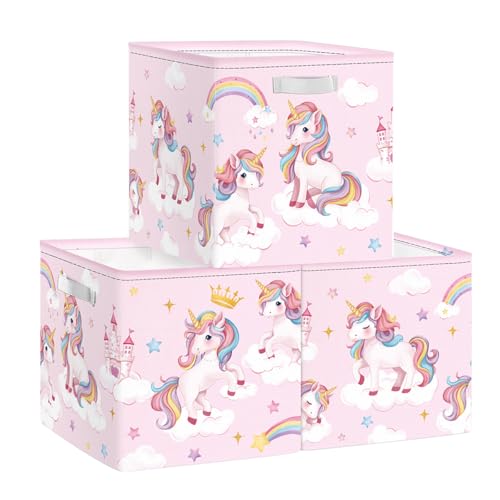 HUUMONSS 30cm Juego de 3 Cajas de Almacenamiento Unicornio Arcoíris Organizadoras de Almacenaje Juguetes Nube Estrella Plegables Cestas Almacenaje Niños Libro Ropa para Estantes Armario, Corona