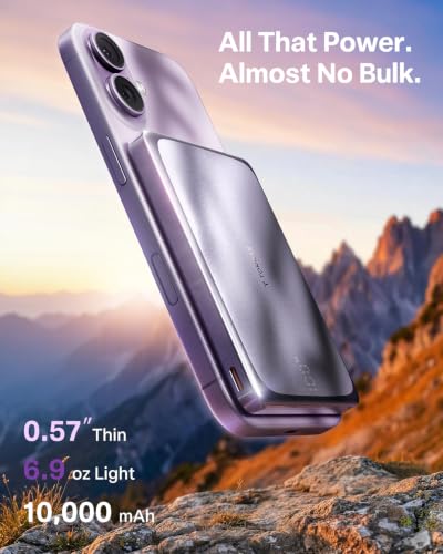 Image of TORRAS MiniMag Pro Portable Charger Power Bank, 10000mAh 15W Magnetic Battery Pack for iPhone 17 /16 /15 /14 /13 /12, Slim Magnetic Wireless Charger, Semi-Solid-State Battery for Travel Purple