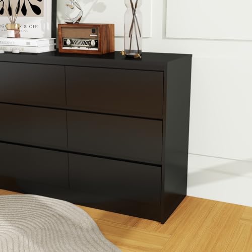 Panana Modern 9 Drawer Wood Dresser for Bedroom, Large Floor Storage Drawer Cabinet Lateral Chest of Drawers Handle Free Organizer for Closet Living Room (Black, 9 Drawer)