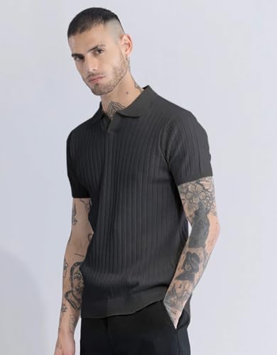 Image of Veirdo Men's Casual Ribbed Polo Collar Knit T-Shirt | Regular Fit Half Sleeve Polo for Men | Flat Knit Textured T-Shirt Perfect for Office, Party, Travel