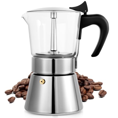 Image of Induction Moka Pot, 9 Cups (15.9 oz) Crystal Glass-Top & Stainless Steel Moka Pot, Classic Stovetop Espresso Maker, Silver