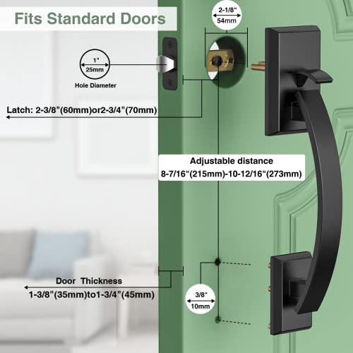 Image of Front Door Handle Black Adjustable12.7in Heavy Exterior Entry Handle Reversible