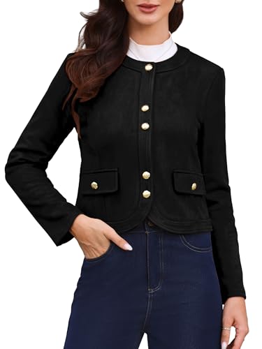 Allegra K Faux Suede Jacket for Women Collarless Long Sleeve Trendy Outerwear Button Down Vintage Casual Cropped Jackets