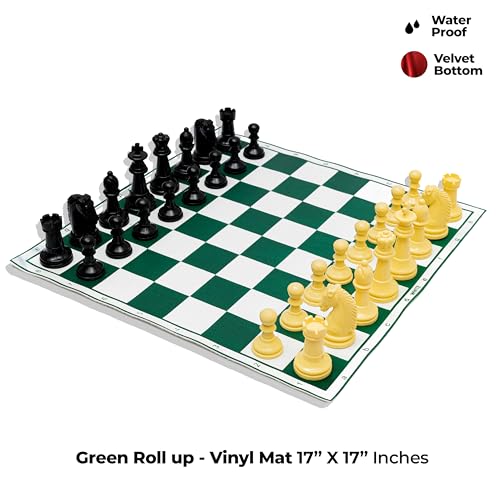 Image of International Tournament Chess Set | 17x 17 inch Mat |3X Weighted Chess Pieces with Velvet Base | 1.5Kg Premium Plastic Chessmen | Big Size | Roll-Up Green Vinyl Board | 100% Virgin Plastic