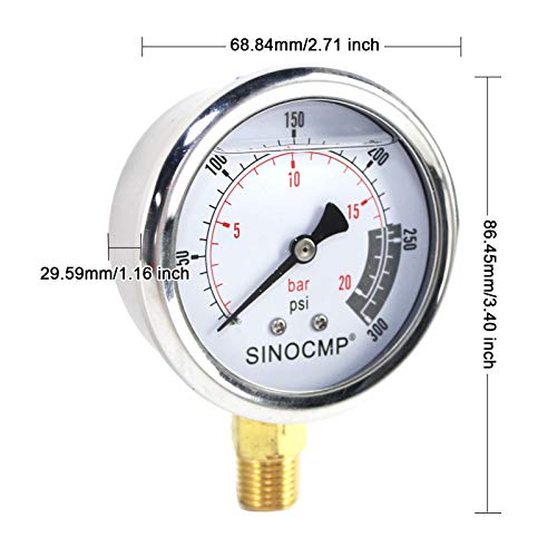 SINOCMP - Manometro idraulico 2Mpa/0-20Bar/0-300PSI Economico Multi Purpose Doppia Scala In Acciaio Inox Glicerina Riempito Gauge