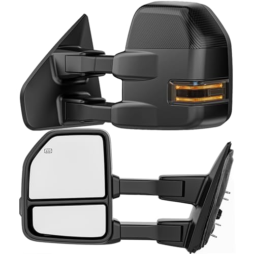 Image of Smoked Power Heated Tow Mirrors Compatible with 2004-2014 Ford F150 F-150 Pickup Truck, Extended Trailer Towing Side Mirrors with LED Puddle Light, Carbon Fiber Grey Housing