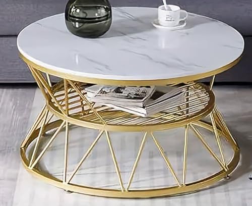 Image of The Circular Metal Side Table with Marble Shade top is a Chic and Useful Piece of Furniture. (White Gold)
