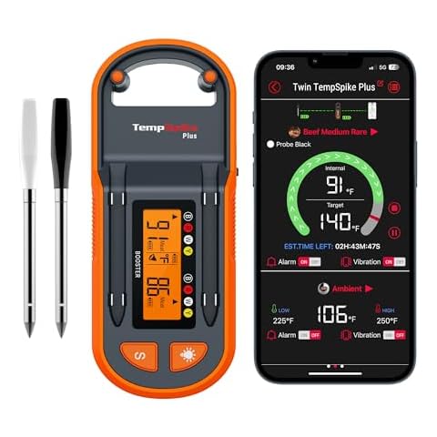 ThermoPro TempSpike Plus 600ft Wireless Meat Thermometer with 2 Color-Coded Probes, Bluetooth Meat Thermometer with LCD-Enhanced Booster, Meat Thermometer Digital for Oven Grill Smoker Thermometer Cover