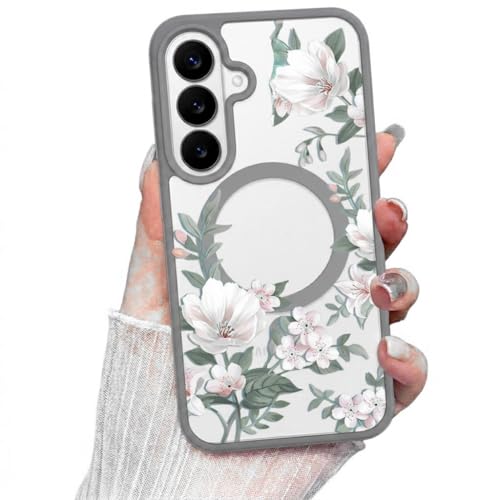 Image of VONZEE Compatible with Samsung Galaxy S26 5G Case Luxury Retro Flowers Floral Clear for Magnetic Wireless Charging Case Shockproof PC+TPU Cute Glossy Shiny Cover for Girls Women, Grey