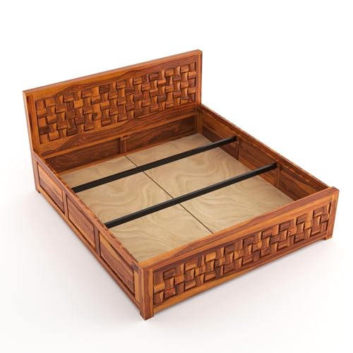 Image of Sheesham Wood King Size Bed with Storage Box | Wooden Box Bed King Size Double Cot Bed with Storage for Bedroom | Premium Niwar Design Headboard Bed for Hotel, Home | Honey Finish