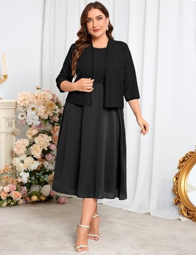 Image of ZOMVA Plus Size Sparkly Mother of The Bride Dresses with Jacket 2 Piece Chiffon A-Line Dress Wedding Guest Formal