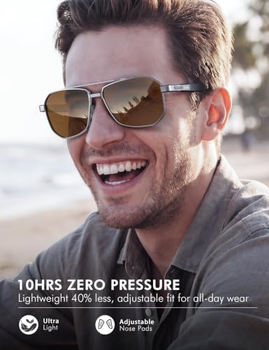 Image of Luenx Aviator Polarized Sunglasses for Men: Square UV400 Driving | Big Head Fit,Adjustable Nose Pads,Lightweight,Anti-slip,Impact-resistant,Scratch-Resistant,Glare Reduction,Gift-Ready Set