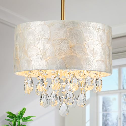 LumFurn 3-Light Drum Capiz Shell Crystal Chandelier, Coastal Style Pendant
