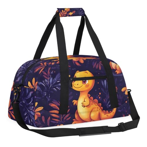 Cute Dinosaur Orange Gym Travel Duffle Bag for Boys - Gymnastics Sports Dance Bag with Front Zipper Pocket for School Practice or Overnight Travel Weekender Sleepover Tote Bag Orange