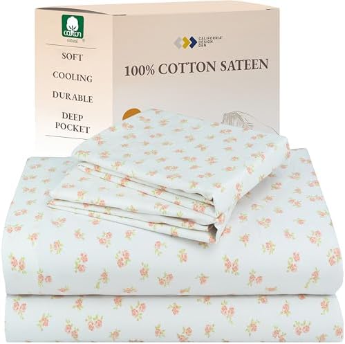 California Design Den Floral Pattern Bed Sheet Set Queen Size, 100% Cotton Sateen Deep Pocket Queen Sheets & Pillowcase Set - Chic Floral - Thumbnail 2