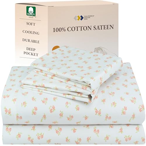 Image of California Design Den Floral Pattern Bed Sheet Set Queen Size, 100% Cotton Sateen Deep Pocket Queen Sheets & Pillowcase Set - Chic Floral