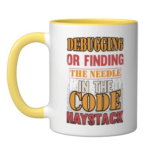 Debugging Finding The Needle In The Code Haystack Progammer Ceramic Mug, Yellow/White