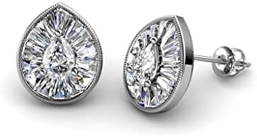 Pear Cut Lab Grown Diamond & Baguette Diamond 1.18 ctw Women Milgrain Halo Stud Earring 14K White Gold