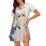 Zelinge Cómodo vestido de noche para mujer, camisón holgado, camisa de dormir suave, camiseta de dormir S-3XL, Lindos gatos y mariposas, Large
