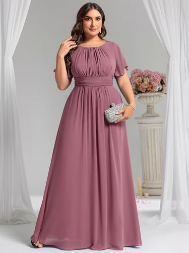Image of Ever-Pretty Plus Elegant Formal Dresses for Curvy Women Round Neck Short Sleeves Chiffon Bridesmaid Mother of The Bride Dress