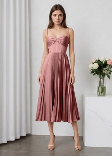 Tea Length Satin Bridesmaid Dresses for Wedding Pleated A Line Midi Prom Formal Evening Gown2
