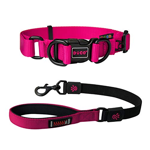 DOCO Coleira para cães de nylon ajustável resistente com anéis em D duplos e coleira elástica curta