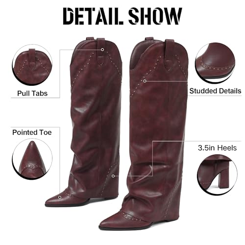 Image of EQAUDES Knee High Boots for Women Tall Cowboy Cowgirl Fold Over Shark Boots