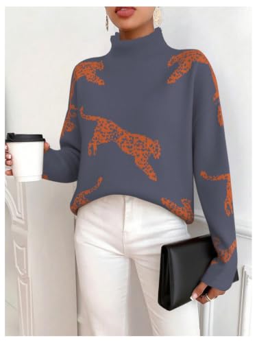 Image of WDIRARA Women's Leopard Tiger Print Sweater High Neck Long Sleeve Fuzzy Knitted Pullover Top