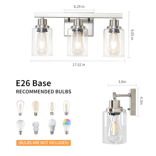 Image of 3-Light Bathroom Light Fixtures, Nickel Bathroom Vanity Light with Clear Glass Shade, Modern Bathroom Wall Lights Over Mirror, Farmhouse Wall Sconces Lighting for Bedroom Living Room