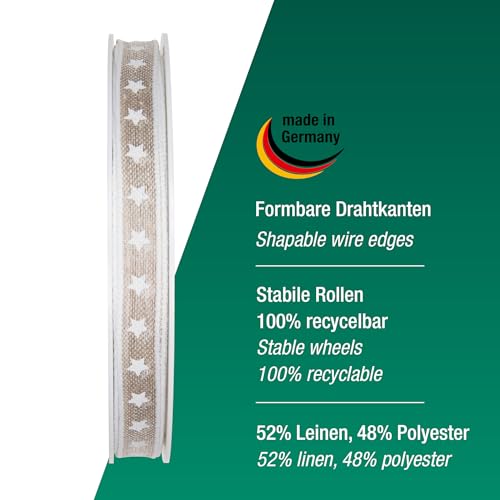 Halbach Seidenbänder Geschenkband Sterne | Leinen Band mit Drahtkante und Sternen Druck für Weihnachten | Farbe: natur/weiß