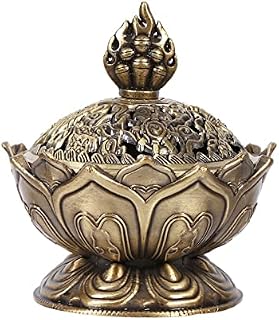 Backflow Incense Burner, Cast Iron Vintage Censer Lotus Flower Stick Incense Burner Cone Incense Burner Holder Incense Burning Bowl Pot with Lid Home Desk Decoration (Bronze)