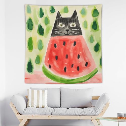 Tapisserie murale chat pastèque amusante décoration murale salon dortoir 152cm