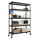 HOMEDANT House 組立簡単 ラミネート スチールラック キッチン 5段 幅120 奥行45 高さ191 ブラックキャスター付き ホームダント 車輪 調整可能 棚 収納棚 メタルラック 倉庫 ガラージ オフィス 業務用