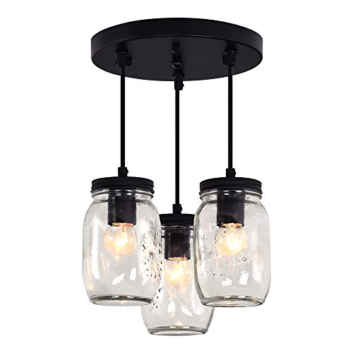 Merbotin Farmhouse Semi Flush Mount Mason Jar Glass Lights, 3 Lights Oil Rubbed Ceiling Fixture Cluster Pendant Light for Kitchen Island Living Room Dining Room Bedroom, Black