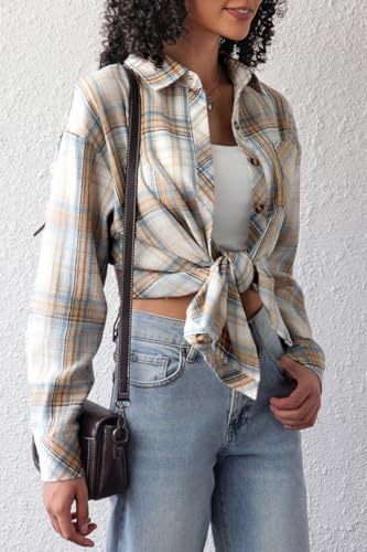 Image of CHYRII Womens Button Down Flannel Shirts Long Sleeve Plaid Shackets Business Casual Blouse Top