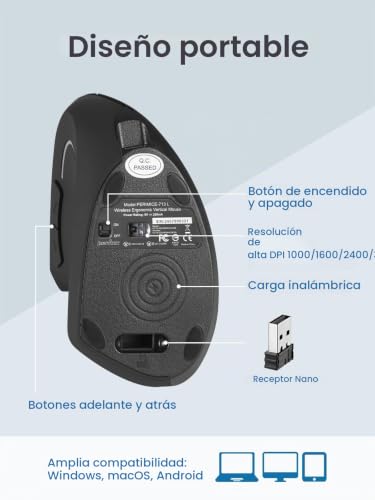 Ratón inalámbrico recargable de diseño vertical ergonómico para zurdos con 6 botones prácticos 6