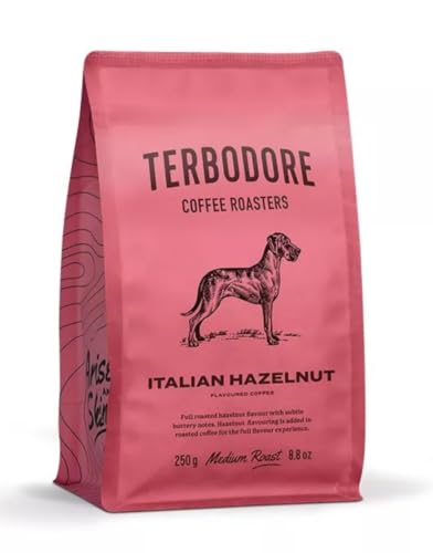 Terbodore | Italian Hazelnut Coffee Beans | 250g Bag | Delicious Nut Flavoured Bean | Subtle Nutty Aroma | Premium Grade Whole Bean | Medium Roast | Home or Cafe | Hazelnut Coffee Beans