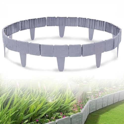 Garteneinfassungssteine - 70 Stück Hellgrau Kunststoff Landschaftsumrandung Rasenkante für Blumenbeete & Gartenwege Dekorative Mähkante - 17,5 m Gartenzaun