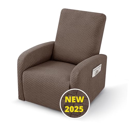 Image of YEMYHOM 3 Pieces Stretch Recliner Slipcover Jacquard Small Recliner Chair Cover with Side Pocket Anti-Slip Fitted Furniture Protector with Elastic Bottom (X-Small Recliner, Light Coffee)