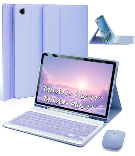 TUNKARMOR Case Keyboard for Samsung Galaxy Tab A9+ / A11+ Plus 2023/2025 11 Inch - Mouse and Detachable Magnetic Keyboard, Slim Case with S Pen Holder, Auto Sleep/Wake (Purple)