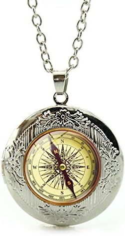 Women's Custom Locket Closure Pendant Necklace Retro Compass Art Antique Included Free Silver Chain, Best Gift Set