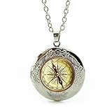 Women's Custom Locket Closure Pendant Necklace Retro Compass Art Antique Included Free Silver Chain,