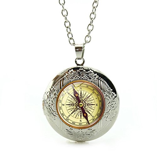 Women's Custom Locket Closure Pendant Necklace Retro Compass Art Antique Included Free Silver Chain, Best Gift Set #TOP2