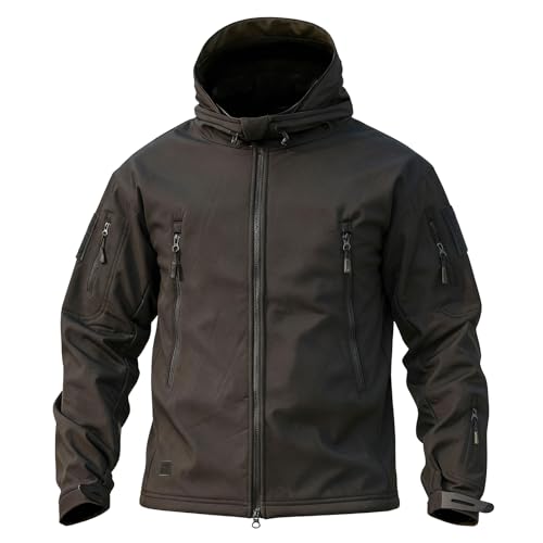 Eawzxx Mens Military Tactical Jacket Fleece Lined Hooded Mens Softshell Jacket Waterproof Windproof and Warm Winter Coat Tactical Hoodie Suitable for Training Skiing Climbing Outdoor (X-Large Black)