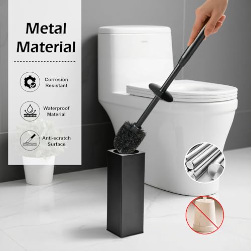 Image of Toilet Bowl Brush and Holder Long Handle Toilet Brush for Bathroom | Wall mount stainless steel toilet brush holder with a splash guard Easy to Clean for Domestic Deep Cleaning Under Rims,Black