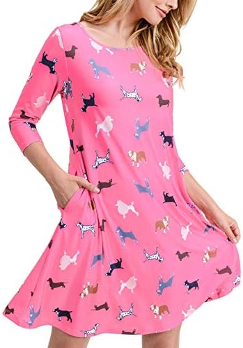 Women's Printed Crew Neck A-Line Dresses with Pockets Casual Tropical Floral Novelty Animal Christmas Patterns (3X-Large, Coral Novelty Dog)